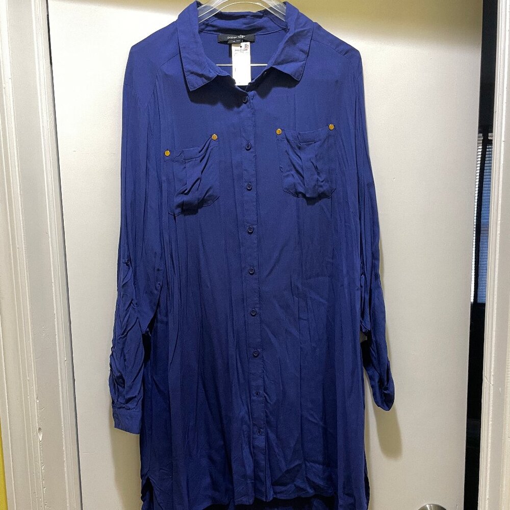 NWT Women's 2x Paper Tee Dark Blue Oversized Swim Cover up collar long sleeves